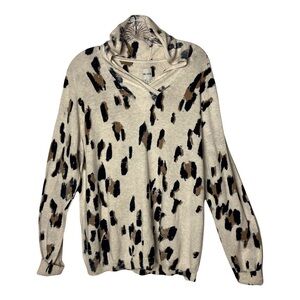 Nic+Zoe | Ivory Cotton Animal Print Hoodie Long Sleeve Lightweight Sweater, XXL